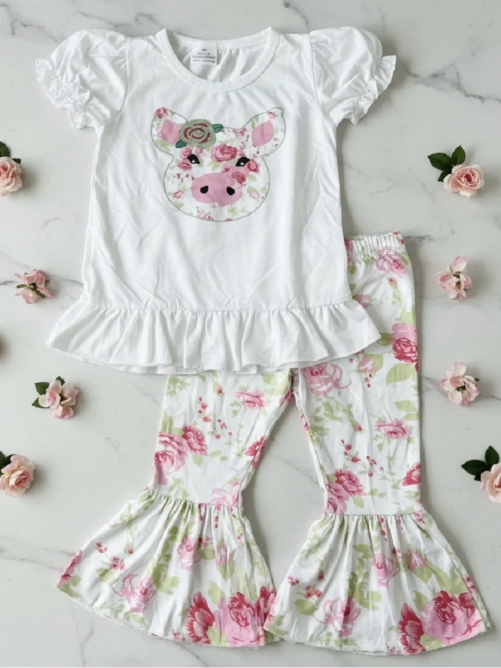 Girls White Floral Pig Set